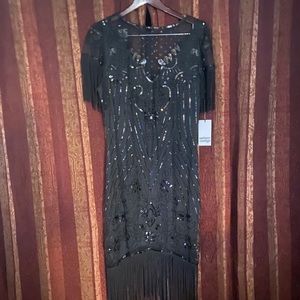 Unique Vintage 1920s Black Beaded Fringe Sleeve Nadine Flapper Dress
